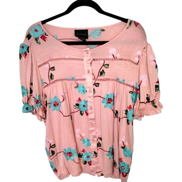 LIV Los Angeles Womens Top Sz 1X Pink Embroidered Peasant Boho Swiftie Lover Out - Picture 1 of 10